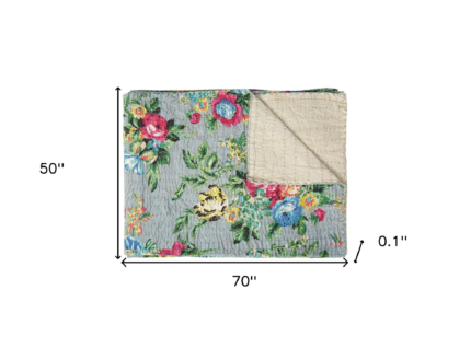50" X 70" Pink Gray and Blue Kantha Cotton Floral Throw Blanket with Embroidery - Image 7