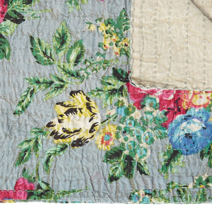 50" X 70" Pink Gray and Blue Kantha Cotton Floral Throw Blanket with Embroidery - Image 6