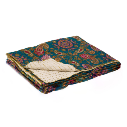 50" X 70" Green and Pink Kantha Cotton Paisley Throw Blanket with Embroidery - Image 3