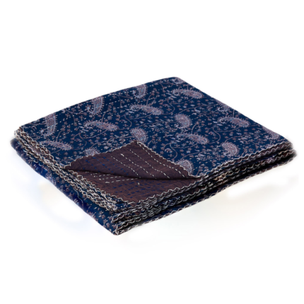 50" X 70" Blue and Gray Kantha Cotton Paisley Throw Blanket with Embroidery - Image 3