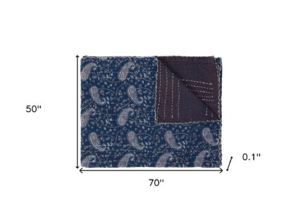 50" X 70" Blue and Gray Kantha Cotton Paisley Throw Blanket with Embroidery - Image 6