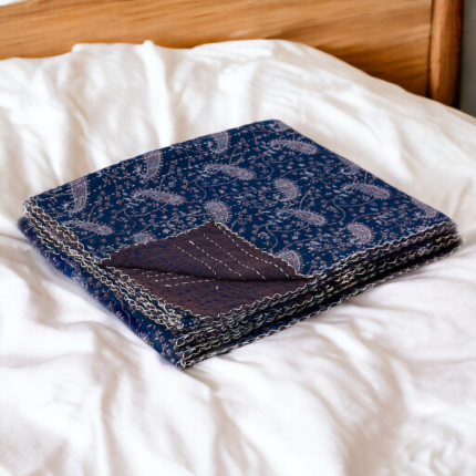 50" X 70" Blue and Gray Kantha Cotton Paisley Throw Blanket with Embroidery - Image 1