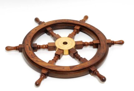 24" Brown Solid Wood And Brass Ships Wheel Hanging Dimensional Sculpture - Image 5