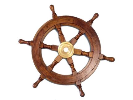 24" Brown Solid Wood And Brass Ships Wheel Hanging Dimensional Sculpture - Image 3