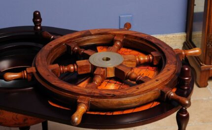 24" Brown Solid Wood And Brass Ships Wheel Hanging Dimensional Sculpture - Image 8