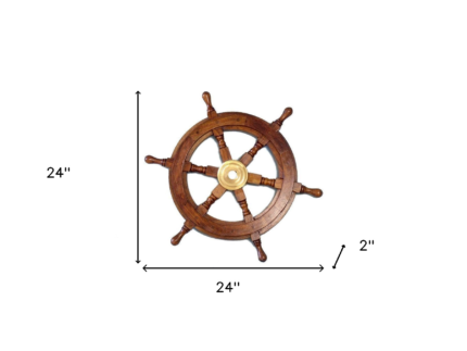 24" Brown Solid Wood And Brass Ships Wheel Hanging Dimensional Sculpture - Image 9