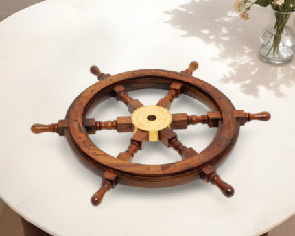 24" Brown Solid Wood And Brass Ships Wheel Hanging Dimensional Sculpture - Image 2