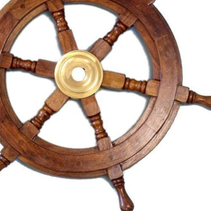 24" Brown Solid Wood And Brass Ships Wheel Hanging Dimensional Sculpture - Image 7