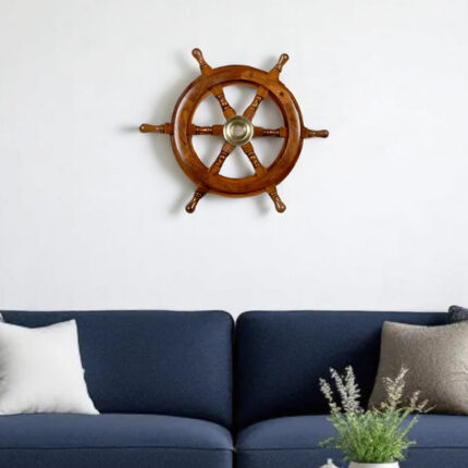 24" Brown Solid Wood And Brass Ships Wheel Hanging Dimensional Sculpture - Image 1