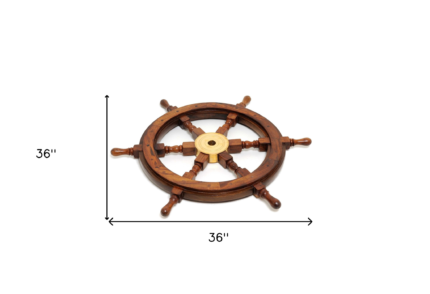 36" Brown Solid Wood And Brass Ships Wheel Hanging Dimensional Sculpture - Image 7