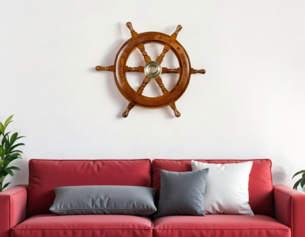 36" Brown Solid Wood And Brass Ships Wheel Hanging Dimensional Sculpture - Image 1