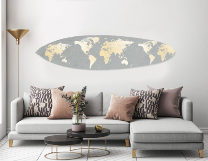 76" X 18" X 1" Grey And Gold World Map Surfboard Wall Art - Image 6