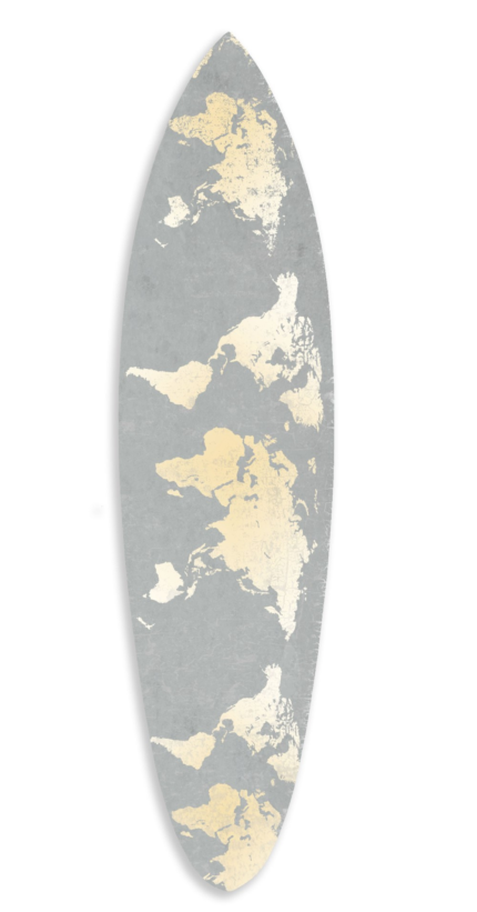 76" X 18" X 1" Grey And Gold World Map Surfboard Wall Art - Image 1