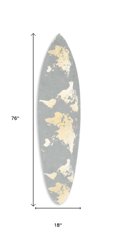 76" X 18" X 1" Grey And Gold World Map Surfboard Wall Art - Image 8