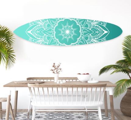 76" X 18" Blue and White Surfboard Floral Medallion Wood Wall Decor - Image 5
