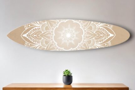 76" X 18" Tan and White Surfboard Floral Medallion Wood Hanging Dimensional Sculpture - Image 2