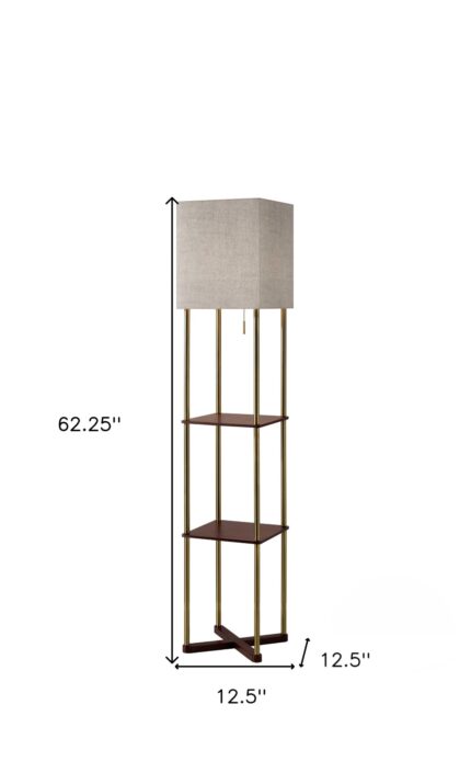62" Brass Column Floor Lamp With Gray Fabric Square Shade - Image 4