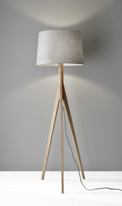 59" Natural Solid Wood Tripod Floor Lamp With Gray Fabric Empire Shade - Image 5