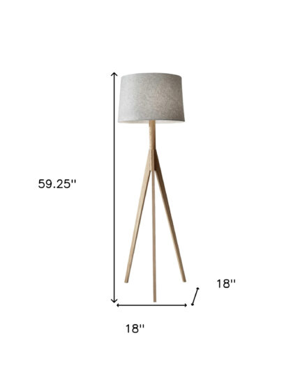 59" Natural Solid Wood Tripod Floor Lamp With Gray Fabric Empire Shade - Image 7