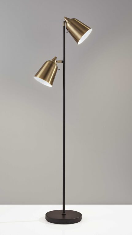 58" Black Two Light Task Floor Lamp With Antiqued Brass Metal Cone Shade - Image 5
