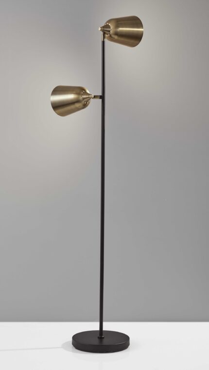 58" Black Two Light Task Floor Lamp With Antiqued Brass Metal Cone Shade - Image 6