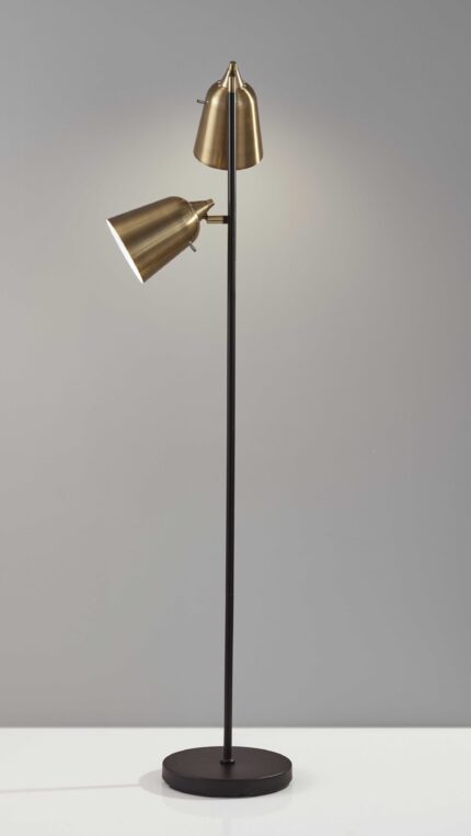 58" Black Two Light Task Floor Lamp With Antiqued Brass Metal Cone Shade - Image 7