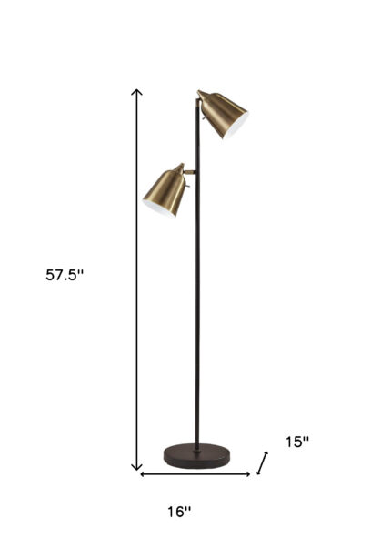 58" Black Two Light Task Floor Lamp With Antiqued Brass Metal Cone Shade - Image 8