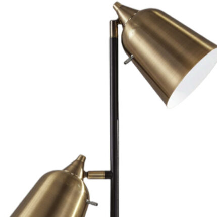 58" Black Two Light Task Floor Lamp With Antiqued Brass Metal Cone Shade - Image 4