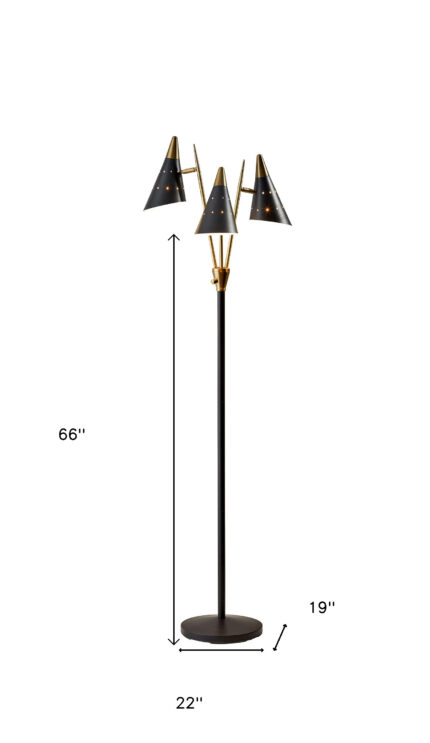 66" Black And Gold Metal Three Light Novelty Floor Lamp With Black Metal Cone Shade - Image 5