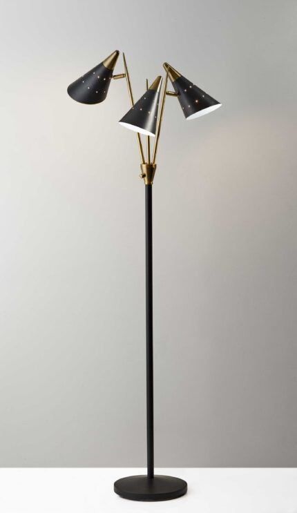 66" Black And Gold Metal Three Light Novelty Floor Lamp With Black Metal Cone Shade - Image 4