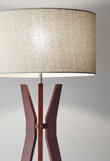 60" Brown And White Solid Wood Tripod Floor Lamp With White Fabric Drum Shade - Image 5