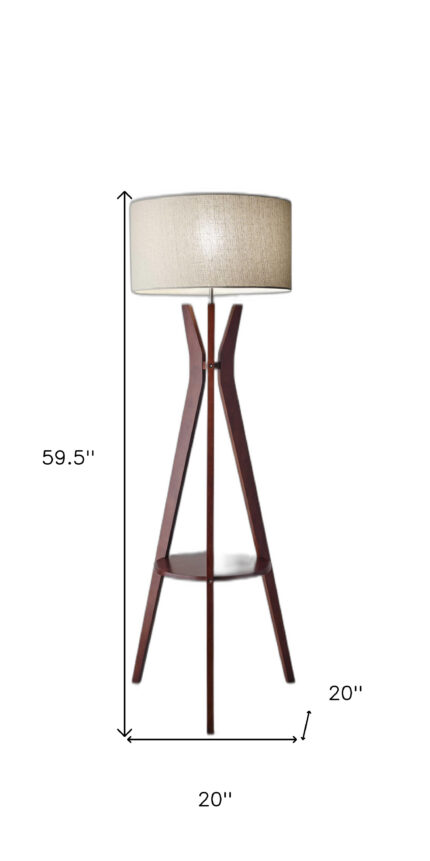 60" Brown And White Solid Wood Tripod Floor Lamp With White Fabric Drum Shade - Image 7