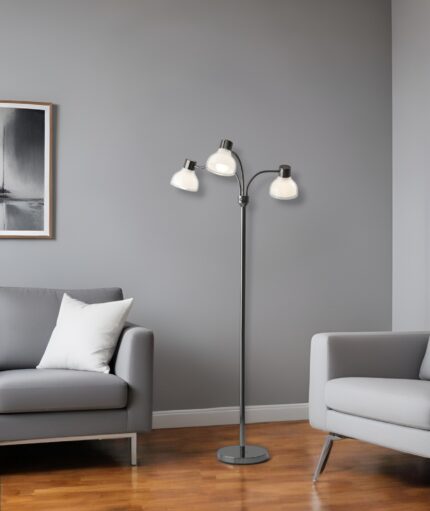 69" Black And White Metal Three Light Tree Floor Lamp With White Bowl Shade - Image 1