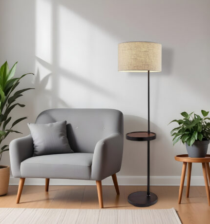64" Beige And Black Tray Table Floor Lamp With Beige Fabric Drum Shade - Image 1