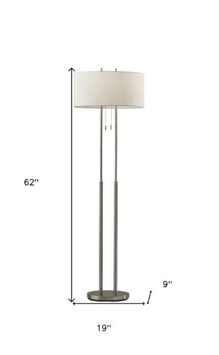 62" Silver Metal Task Floor Lamp With White Fabric Drum Shade - Image 3