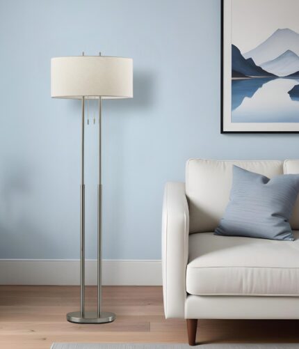 62" Silver Metal Task Floor Lamp With White Fabric Drum Shade - Image 1