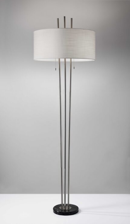 71" Silver Metal Two Light Floor Lamp With White Linen Drum Shade - Image 4