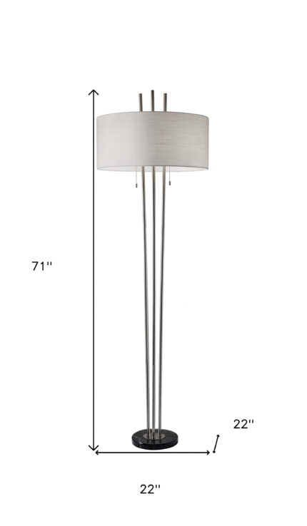 71" Silver Metal Two Light Floor Lamp With White Linen Drum Shade - Image 5