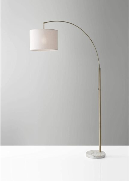 74" Brass Metal Arc Floor Lamp With Off White Linen Drum Shade - Image 8