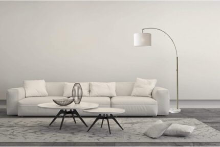 74" Brass Metal Arc Floor Lamp With Off White Linen Drum Shade - Image 12