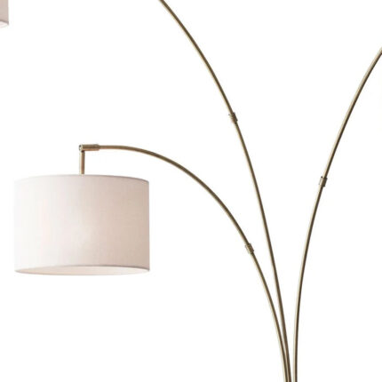 74" Brass Three Light Arc Floor Lamp With Off White Fabric Drum Shade - Image 3