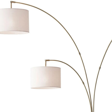 74" Brass Three Light Arc Floor Lamp With Off White Fabric Drum Shade - Image 4