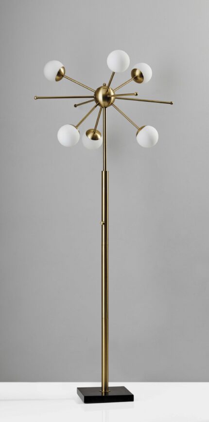 64" Brass Six Light LED Novelty Floor Lamp With White Glass Globe Shades - Image 4