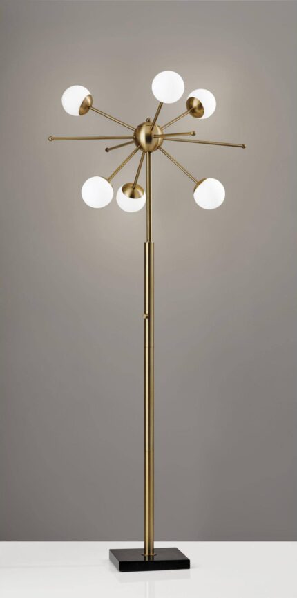64" Brass Six Light LED Novelty Floor Lamp With White Glass Globe Shades - Image 5