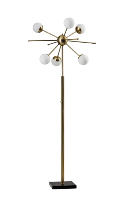64" Brass Six Light LED Novelty Floor Lamp With White Glass Globe Shades - Image 2