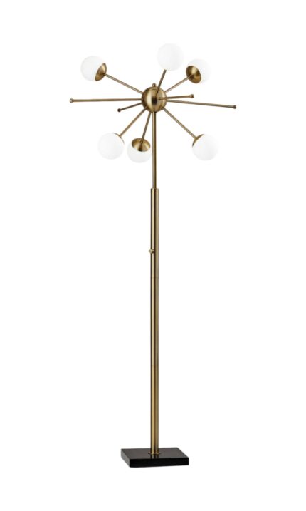 64" Brass Six Light LED Novelty Floor Lamp With White Glass Globe Shades - Image 3