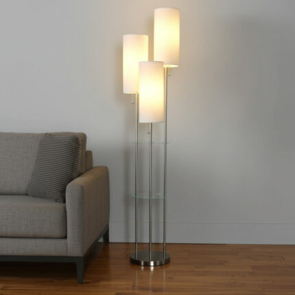 68" Silver Three Light Novelty Floor Lamp With White Linen Cylinder Shade - Image 1