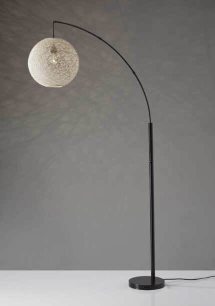77" Antiqued Bronze Arched Floor Lamp With Groovy Beige Abstract Wicker Globe Shade - Image 6