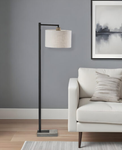 61" Grey And Black Arc Floor Lamp With White Fabric Drum Shade - Image 1