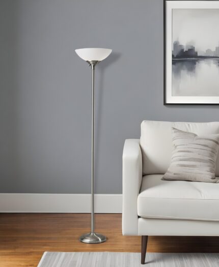 71" Silver Metal Torchiere Floor Lamp With White Bowl Shade - Image 1